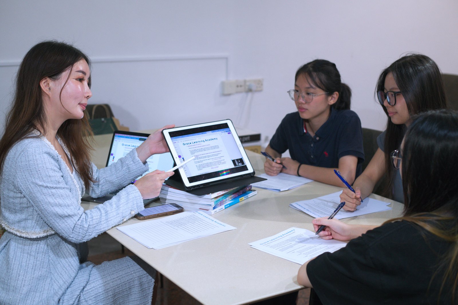 A small-group English class in session